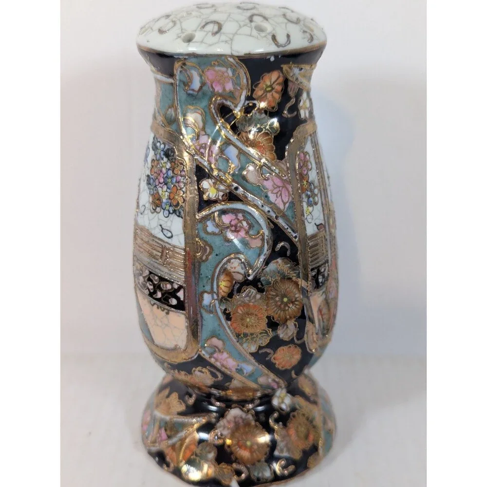 Vtg Satsuma Japan Hat Pin Holder Sugar Shaker Heavy Gold Moriage Geisha 6.25